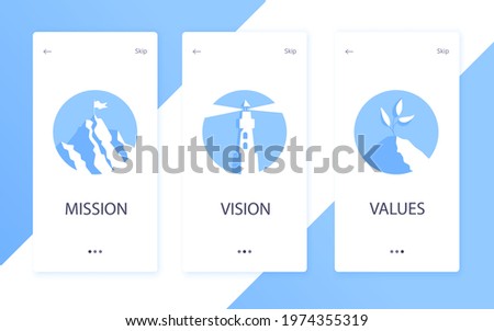 Mission, vision and values flat style design icons signs web concepts vector illustration set isolated on white background. Web page template concepts for business company strategy and teamwork plan.