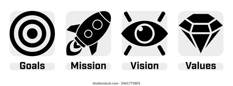 Mission, Vision, Values and Goals - company website vector icons.