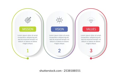 Missão, visão, valores, design gráfico template.eps 10 no fundo branco, Pode ser usado para o layout do fluxo de trabalho da apresentação, banner, processo, diagrama, fluxograma, infográfico, relatório anual.