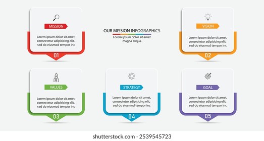 Missão, visão, valores, design gráfico template.eps 10 no fundo branco, Pode ser usado para o layout do fluxo de trabalho da apresentação, banner, processo, diagrama, fluxograma, infográfico, relatório anual.