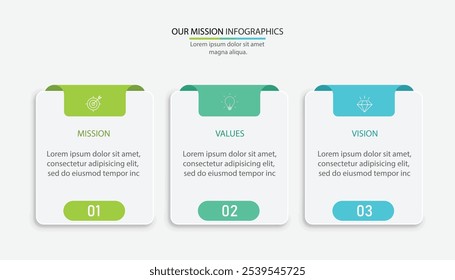 Missão, visão, valores, design gráfico template.eps 10 no fundo branco, Pode ser usado para o layout do fluxo de trabalho da apresentação, banner, processo, diagrama, fluxograma, infográfico, relatório anual.