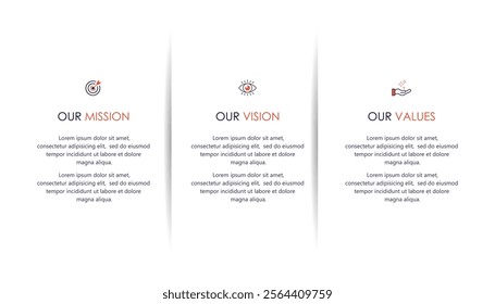 Mission, vision, values, graphic design template.eps 10 on white background, Can be used for presentation workflow layout, banner, process, diagram, flowchart, infographic, annual report.