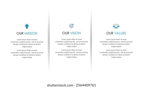 Mission, vision, values, graphic design template.eps 10 on white background, Can be used for presentation workflow layout, banner, process, diagram, flowchart, infographic, annual report.