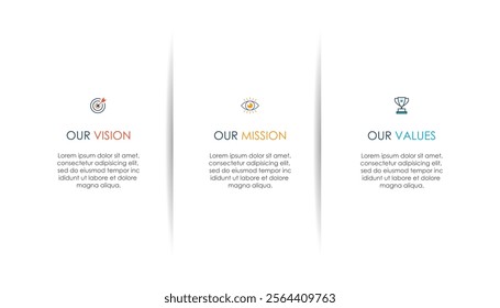 Mission, vision, values, graphic design template.eps 10 on white background, Can be used for presentation workflow layout, banner, process, diagram, flowchart, infographic, annual report.