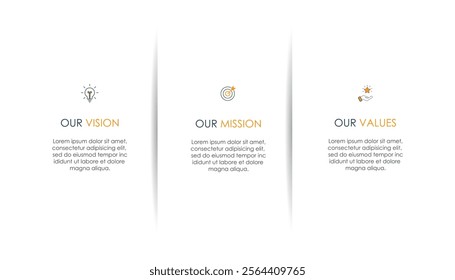 Mission, vision, values, graphic design template.eps 10 on white background, Can be used for presentation workflow layout, banner, process, diagram, flowchart, infographic, annual report.