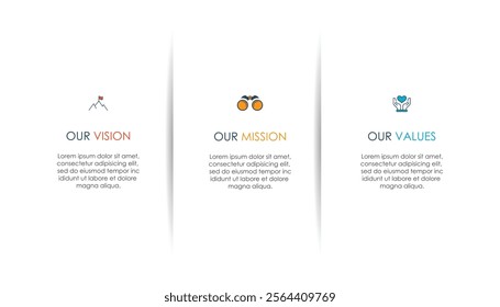 Mission, vision, values, graphic design template.eps 10 on white background, Can be used for presentation workflow layout, banner, process, diagram, flowchart, infographic, annual report.