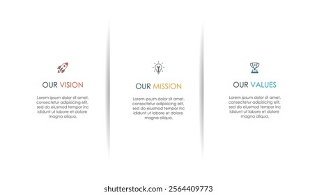 Mission, vision, values, graphic design template.eps 10 on white background, Can be used for presentation workflow layout, banner, process, diagram, flowchart, infographic, annual report.