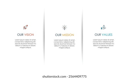 Mission, vision, values, graphic design template.eps 10 on white background, Can be used for presentation workflow layout, banner, process, diagram, flowchart, infographic, annual report.