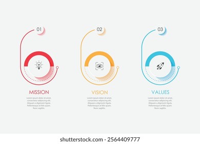 Mission, vision, values, graphic design template.eps 10 on white background, Can be used for presentation workflow layout, banner, process, diagram, flowchart, infographic, annual report.