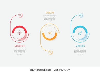 Mission, vision, values, graphic design template.eps 10 on white background, Can be used for presentation workflow layout, banner, process, diagram, flowchart, infographic, annual report.