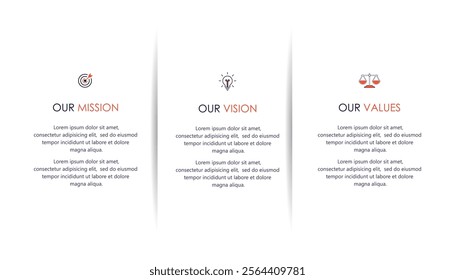 Mission, vision, values, graphic design template.eps 10 on white background, Can be used for presentation workflow layout, banner, process, diagram, flowchart, infographic, annual report.