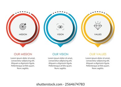 Mission, vision, values, graphic design template.eps 10 on white background, Can be used for presentation workflow layout, banner, process, diagram, flowchart, infographic, annual report.