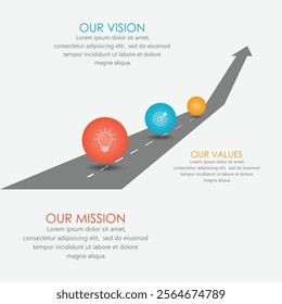 Mission, vision, values, graphic design template.eps 10 on white background, Can be used for presentation workflow layout, banner, process, diagram, flowchart, infographic, annual report.