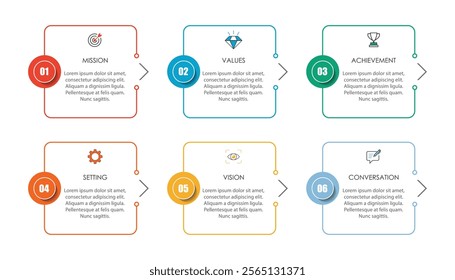 Mission, vision, values, graphic design template.eps 10 on white background, Can be used for presentation workflow layout, banner, process, diagram, flowchart, infographic, annual report.