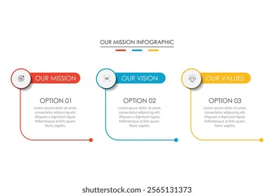 Mission, vision, values, graphic design template.eps 10 on white background, Can be used for presentation workflow layout, banner, process, diagram, flowchart, infographic, annual report.