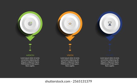 Mission, vision, values, graphic design template.eps 10 on white background, Can be used for presentation workflow layout, banner, process, diagram, flowchart, infographic, annual report.