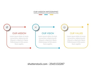 Mission, vision, values, graphic design template.eps 10 on white background, Can be used for presentation workflow layout, banner, process, diagram, flowchart, infographic, annual report.