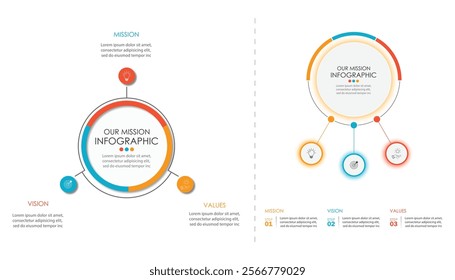  Mission, vision, values, graphic design template.eps 10 on white background, Can be used for presentation workflow layout, banner, process, diagram, flowchart, infographic, annual report.