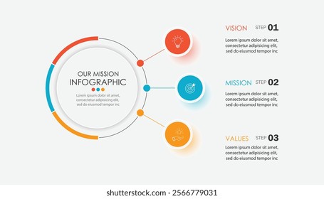  Mission, vision, values, graphic design template.eps 10 on white background, Can be used for presentation workflow layout, banner, process, diagram, flowchart, infographic, annual report.