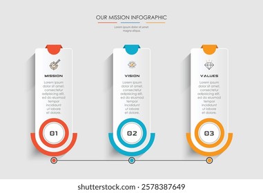 Mission, vision, values, graphic design template.eps 10 on white background, Can be used for presentation workflow layout, banner, process, diagram, flowchart, infographic, annual report.