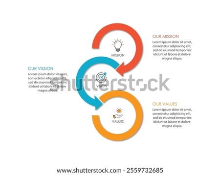 Mission, vision, values, graphic design template.eps 10 on white background, Can be used for presentation workflow layout, banner, process, diagram, flow chart, infographic, annual report.