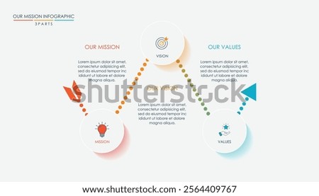 Mission, vision, values, graphic design template.eps 10 on white background, Can be used for presentation workflow layout, banner, process, diagram, flowchart, infographic, annual report.