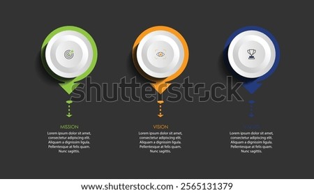 Mission, vision, values, graphic design template.eps 10 on white background, Can be used for presentation workflow layout, banner, process, diagram, flowchart, infographic, annual report.