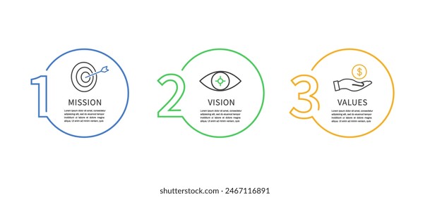 Icono de Misión, Visión y Valores. Concepto de éxito empresarial. Organización Icono de la línea de negocio. Ilustración vectorial