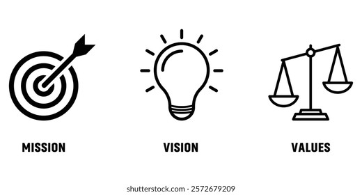 Mission, Vision and Values icon. Business Success Concept. Mission Vision Values Icon Set with Modern style.