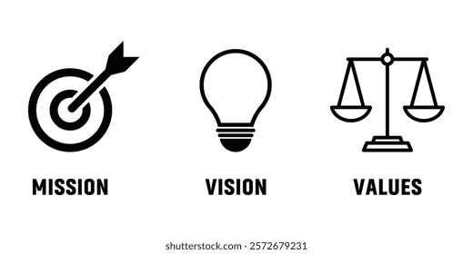 Mission vision values icon collection for strategy Infographics. Modern icons for mission vision values in flat illustration style.