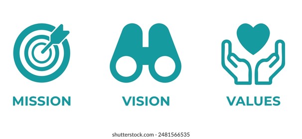 Vector de diseño de íconos de valores de visión de misión.Organización de valores de visión de misión de diseño de íconos. Ilustración vectorial aislada sobre fondo blanco.
