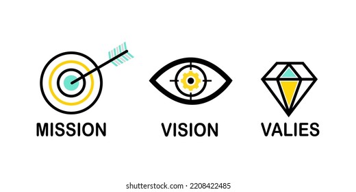 Icono Misión, Visión y Valores. Misión de la organización. Conceptos de éxito y crecimiento. diseño plano. Ilustración del vector