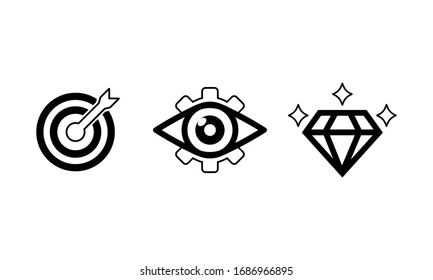 Mission, vision, values icon set or business goal and care logo in black design concept on an isolated white background. EPS 10 vector.