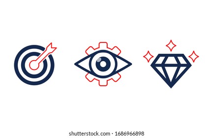 Mission, Vision, Values Icon Set Or Business Goal And Care Logo In Modern Flat Design Concept On An Isolated White Background. EPS 10 Vector.