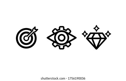 Misión, visión, conjunto de iconos de valores o objetivo comercial. Vector aislado de fondo blanco. EPS 10.