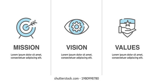 Mission Vision and Values Icon Set with mission statement, vision icon, etc.