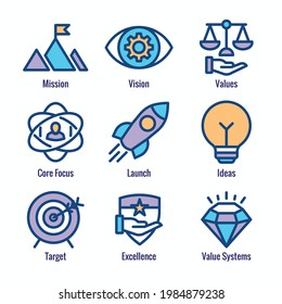 Mission Vision And Values Icon Set With Rocket, Ideas, And Goal Icons