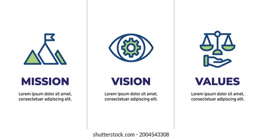 Mission Vision  Values Icon Set With Mission Statement, Vision Icon, Etc.