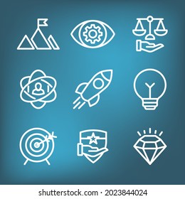 Mission Vision and Values Icon Set with rocket, ideas, and goal icons