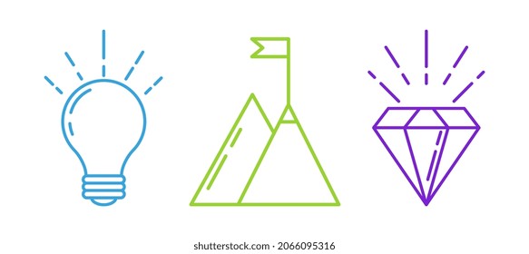Conjunto de iconos de valores de visión de misión. Pegatinas con bombilla, montaña con bandera y diamante. Metáfora para lograr el éxito en los negocios. Colección vectorial plana de dibujos animados aislada en fondo blanco