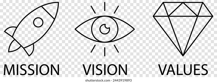 Mission, vision and values icon set. Vector illustration isolated on transparent background
