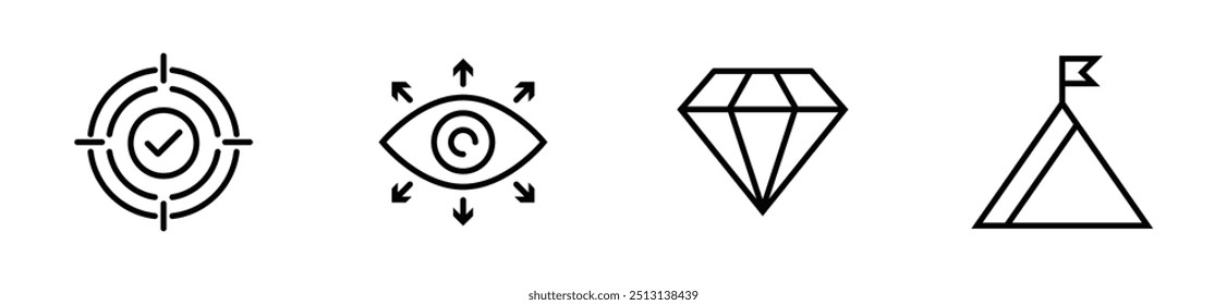 Conjunto de iconos Misión, Visión y Valores. Concepto de negocio. Ilustración vectorial. Vector de acciones.