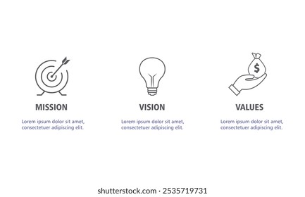 Mission Vision and Values Icon Set with mission statement, vision icon.