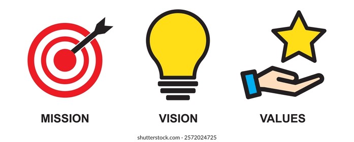 Mission Vision and Values Icon Set with mission statement, vision icon