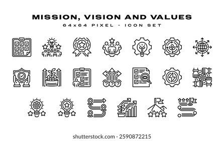 Mission, Vision and Values Icon Set. Universal creative premium symbol. Vector sign icon logo template. Vector illustration