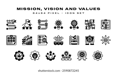 Mission, Vision and Values Icon Set. Universal creative premium symbol. Vector sign icon logo template. Vector illustration