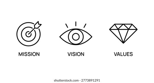 Mission, vision, and values icon set. Target with arrow, business view, and diamond icons. Mission purpose, leader vision and brilliant value icons. Success template