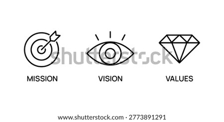 Mission, vision, and values icon set. Target with arrow, business view, and diamond icons. Mission purpose, leader vision and brilliant value icons. Success template