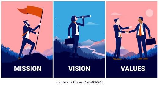 Mission vision and values illustration. Set off illustrations for your business strategy. Man raising flag, woman looking for opportunities, and two men handshaking. Vector illustration.