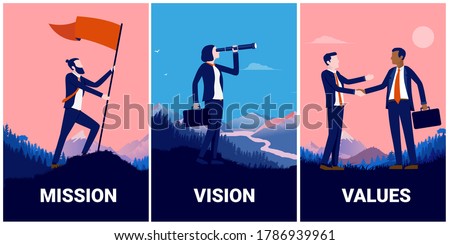 Mission vision and values illustration. Set off illustrations for your business strategy. Man raising flag, woman looking for opportunities, and two men handshaking. Vector illustration.